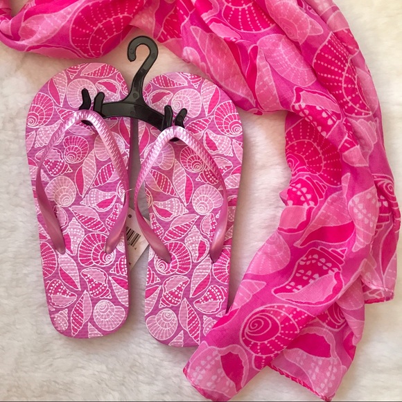 Shoes - NWT Pink Seashells FlipFlops & Beach Scarf